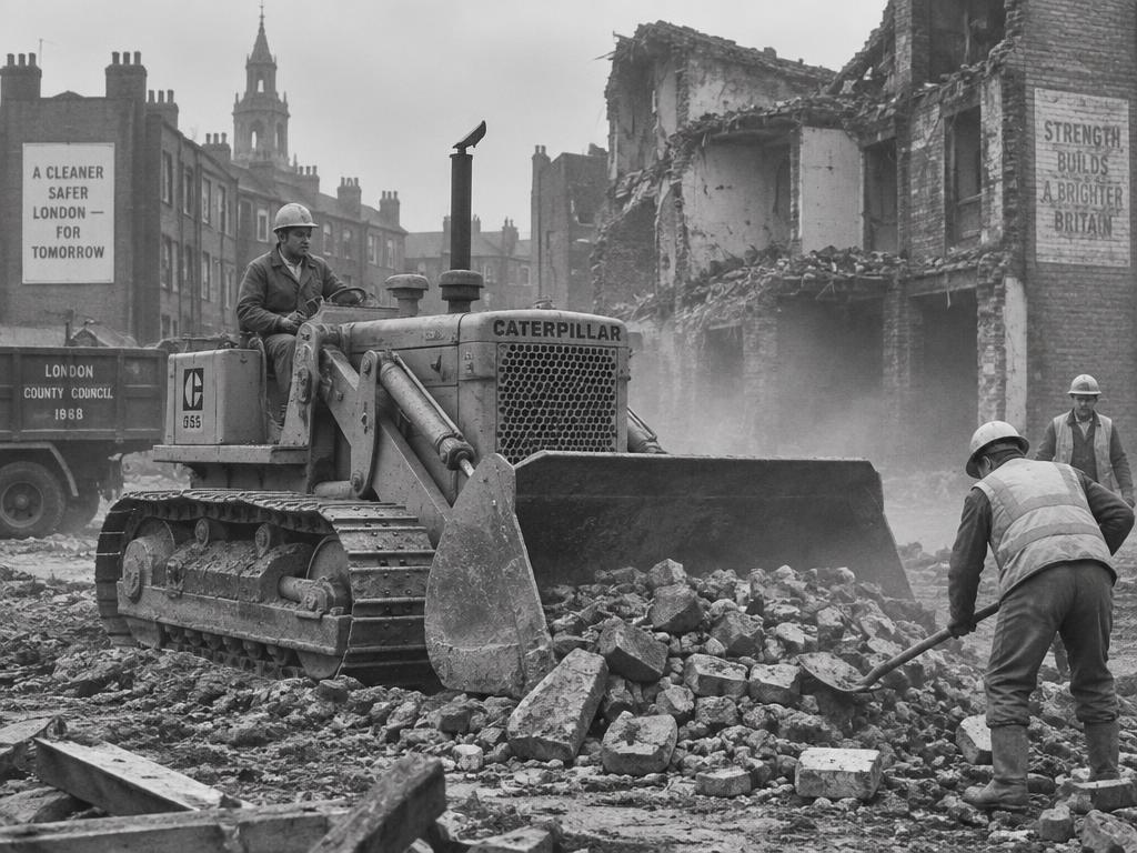 Black and white photograph of a 1968 UK demolition site with workers wearing hard hats